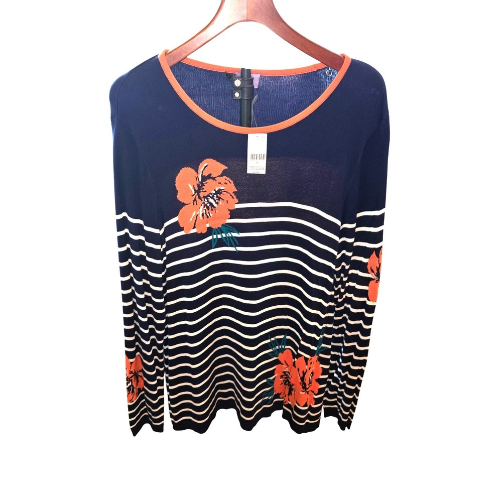 Laura Scott NWT Pullover Sweater Womens 2X Blue Floral Stripe Intarsia Knit
